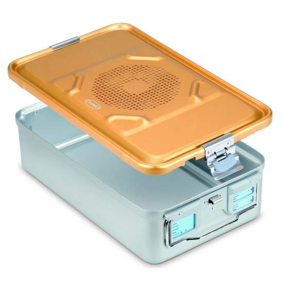 Contenedor de esterilizacion con tapa perforada aluminio anodizado de 58 x 28 x 13,5 cm