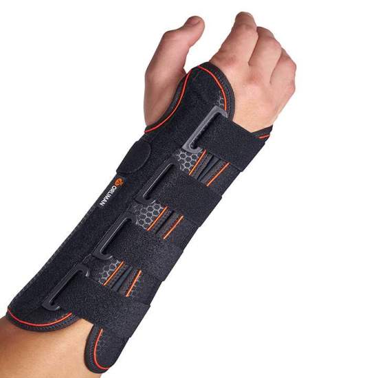 Rigid wrist strap with palm...