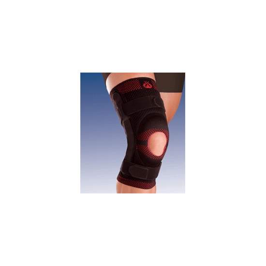 BREATHABLE ELASTIC KNEE SUPPORT WITH SILICONE HEAD OPEN IMPELLER AND METAL STRIP WITH 9107 polycentric joint