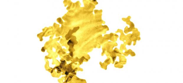 La imagen muestra una nanocapa de oro que tiene solo dos átomos de espesor. Ha sido coloreado artificialmente.